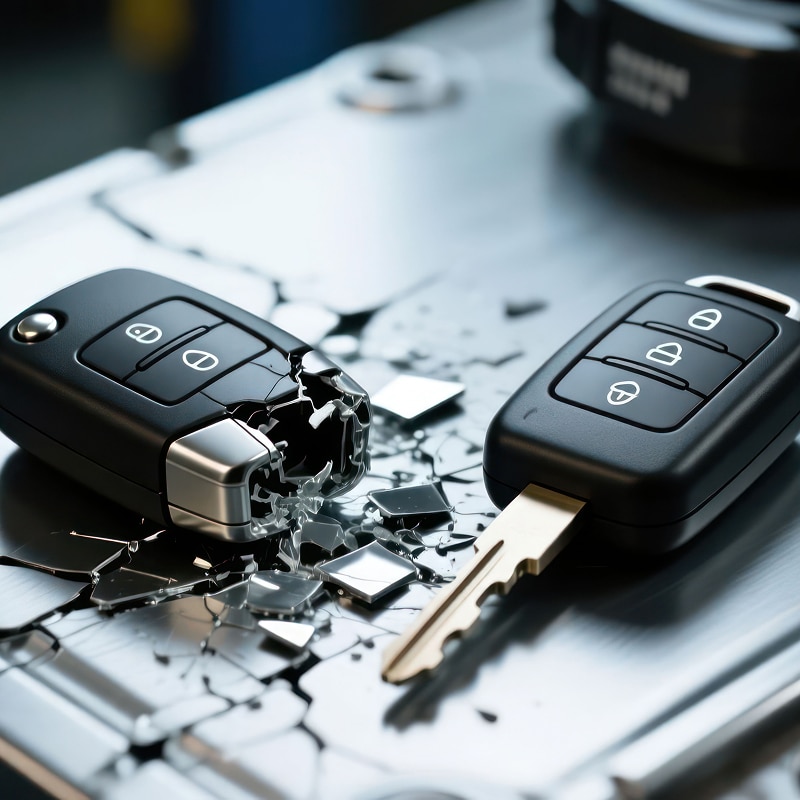 Clé de voiture brisée et télécommande intacte : réparation ou remplacement Clé de voiture cassée en morceaux brillants à côté d'une clé intacte avec boutons de verrouillage, sur une surface métallique.