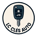 Logo rond pour LC Clés Auto montrant une clé de voiture électronique stylisée avec boutons de verrouillage et de coffre, sur fond crème et bordure foncée.